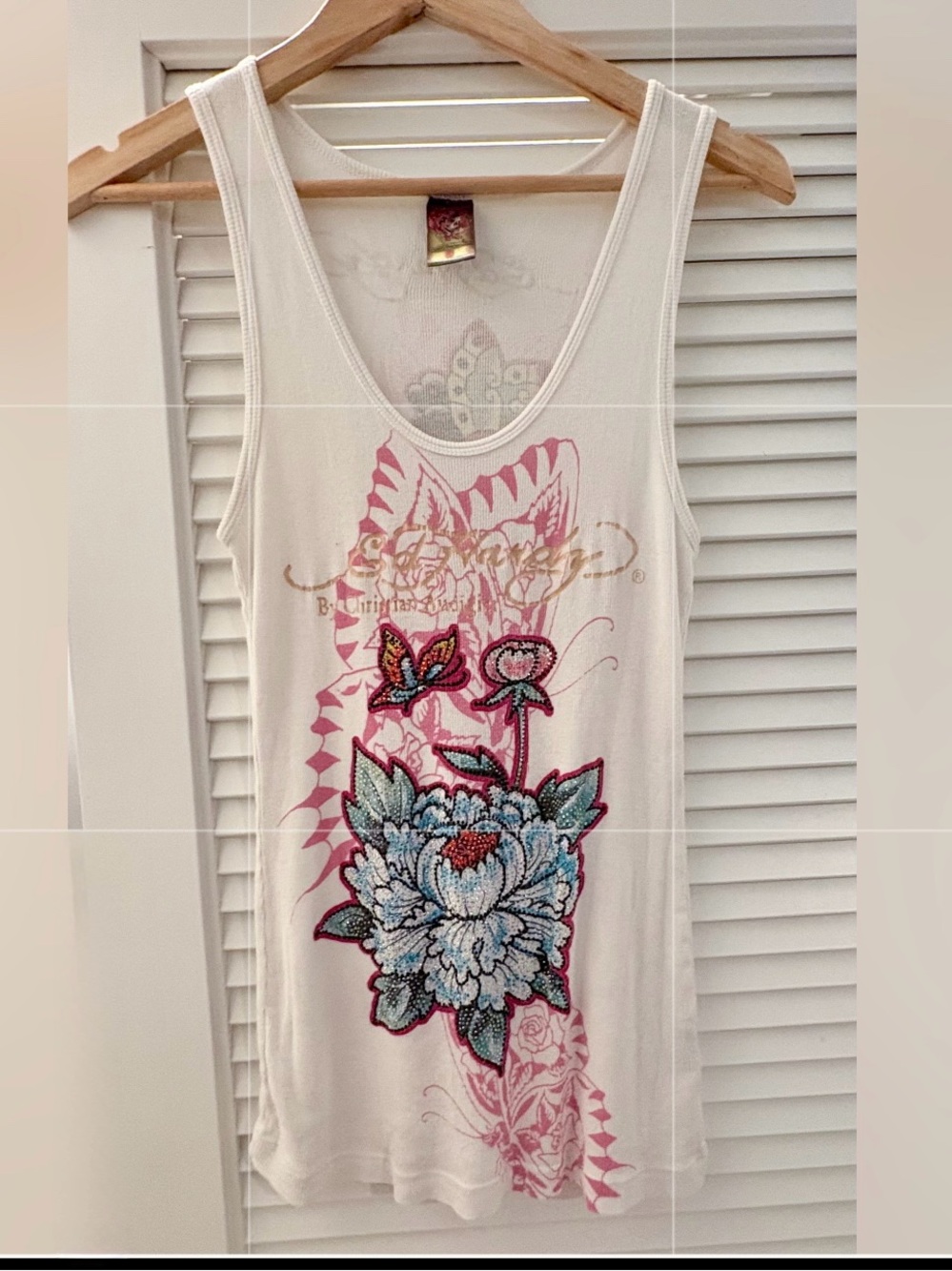 Vintage Ed Hardy Geisha Butterfly Crystal Embellished Graphic Floral Small Top